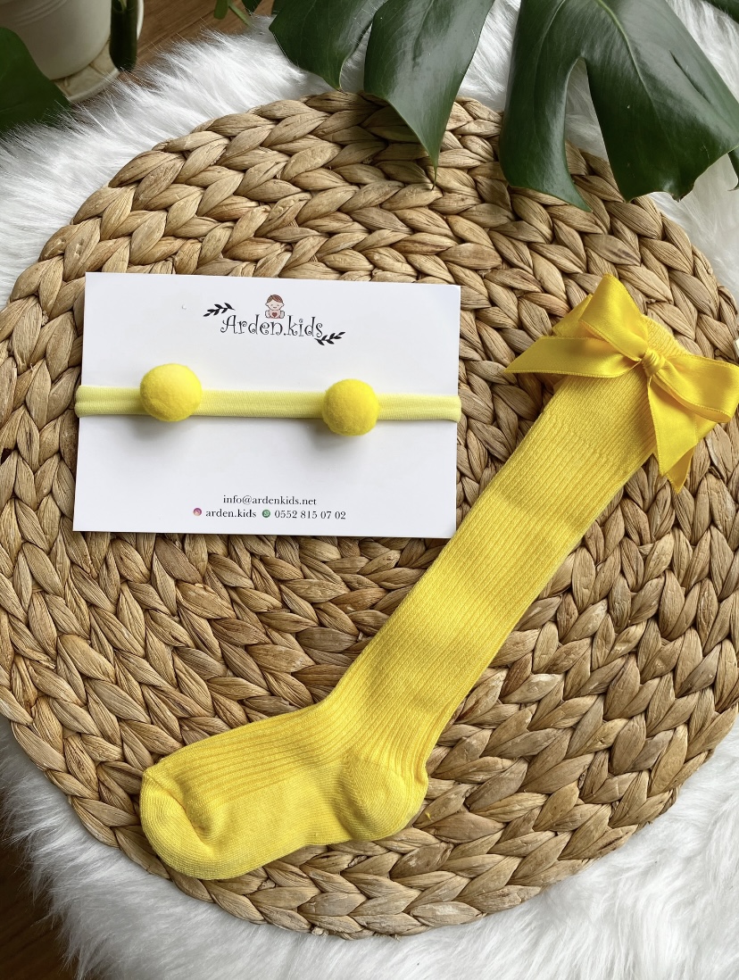 2’li Sarı Mini Ponpon- Çorap Set