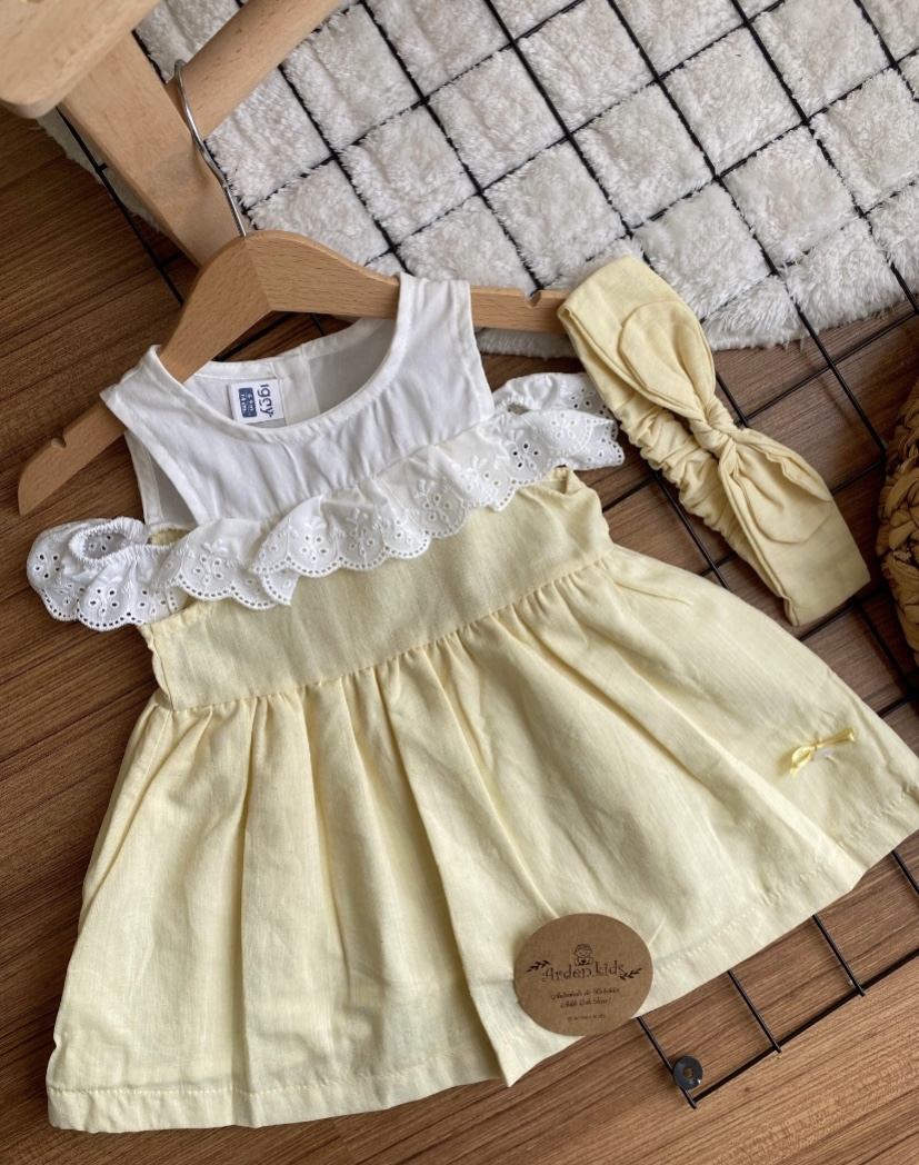 Sarı Fisto Kol Elbise - Bandana Set